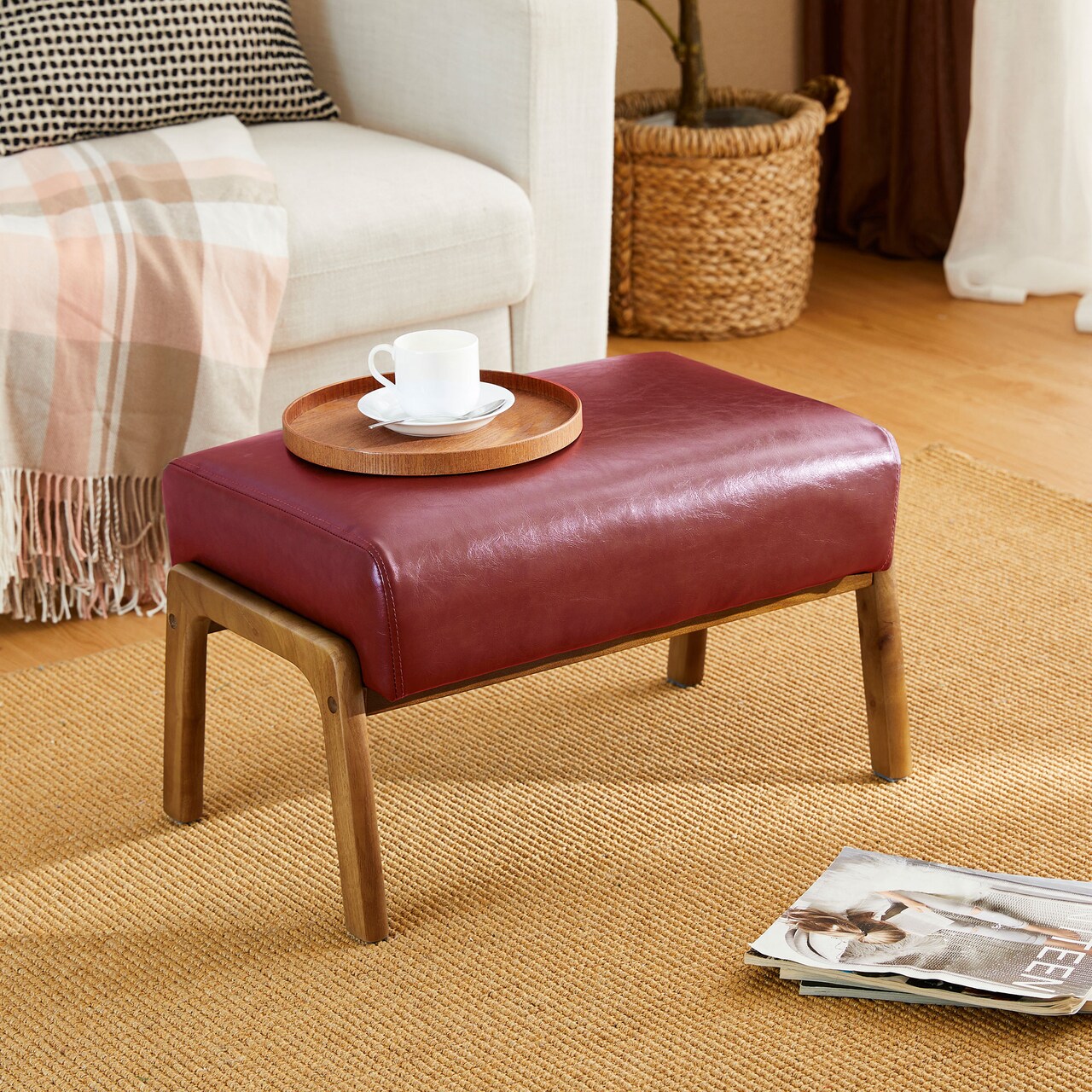 Mid-century Modern Leatherette Accent Stool with Walnut Rubberwood Legs